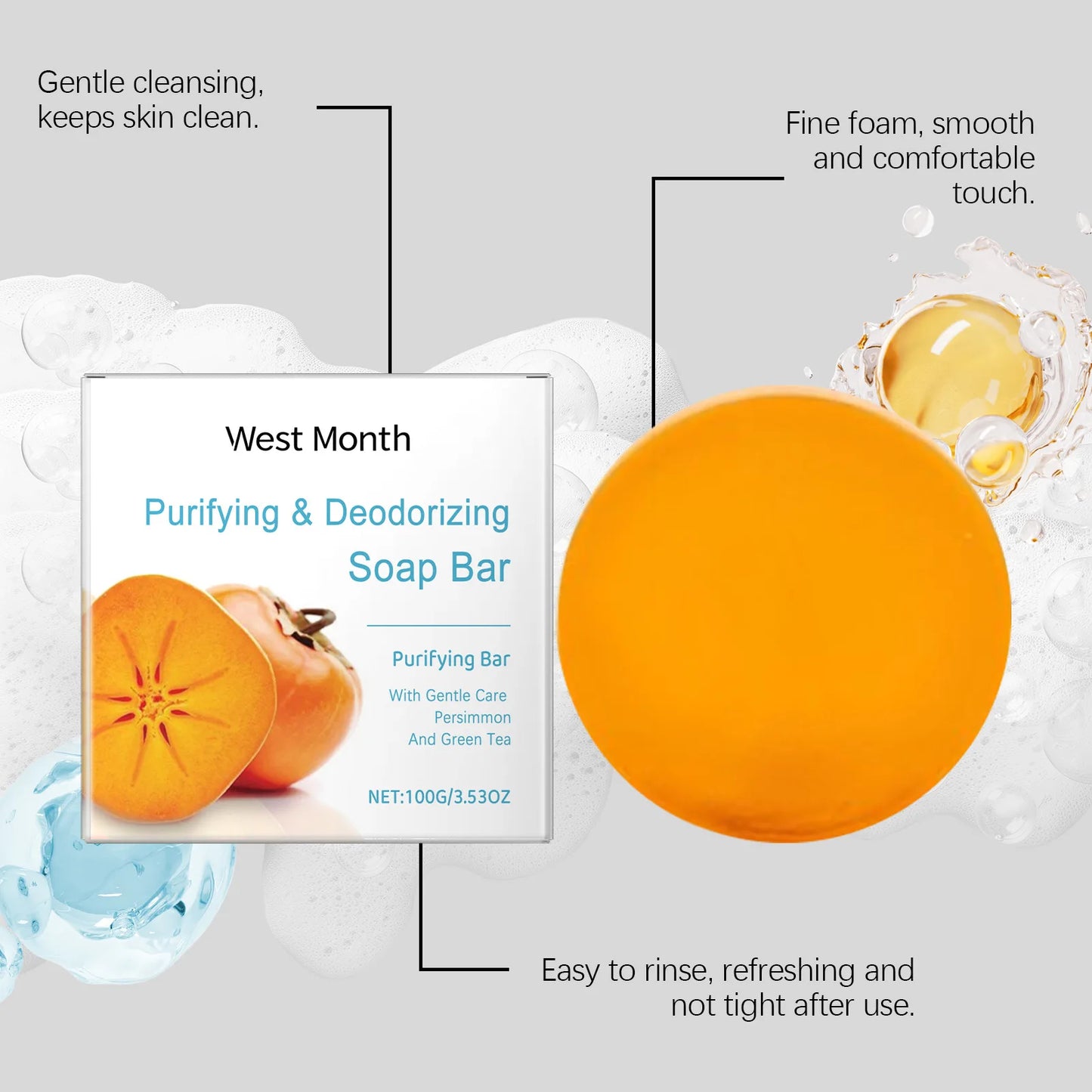 Persimmon Soap Bar Cleansing Deodorizing Remove Stains Rich Foam Lasting Fragrance Freshness Anti Sweat Odor Shower Bathing Soap