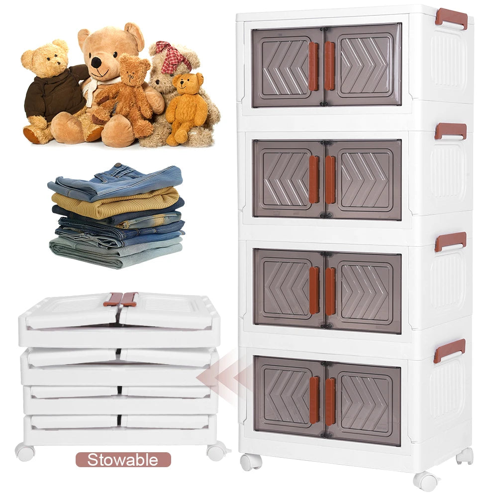 4 Tier Foldable Storage Bin With Doors & Wheels Folding Storage Selves Drawer PP+PET Stackable Organizer Box For Home Office