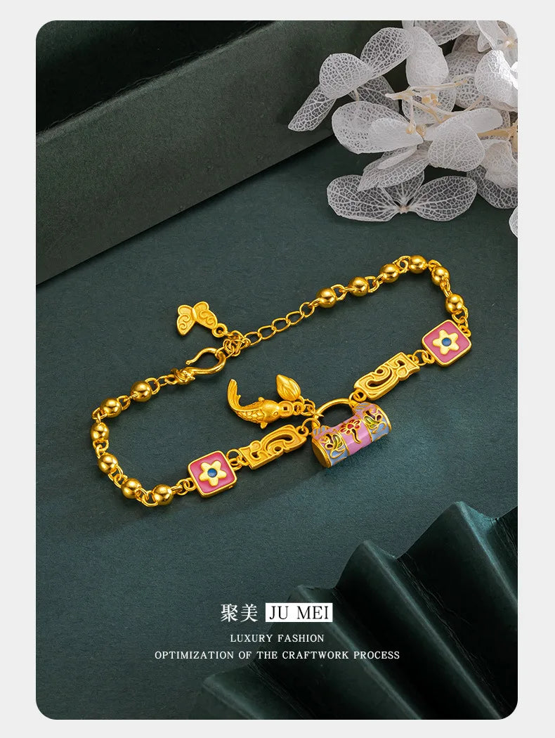 24K AU999 Gold 'Blossom Lock & Koi' Bracelet for Women - Floral Lock with Leaping Koi, High-Purity Gold, Lucky & Elegant