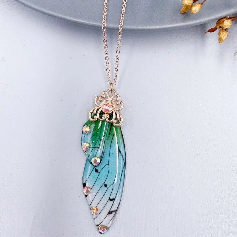 12 colors fashion Silver gold Fairy Purple Gradient Clear Resin Butterfly Shiny Insect Wing Pendant necklace for women jewelry