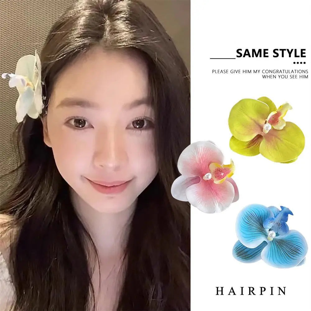 Simple Cloth Flower Hair Clip Butterfly Orchid Pearl Orchid Flower Hairpin Korean Style Bohemian Style Girl Hair Clip Seaside