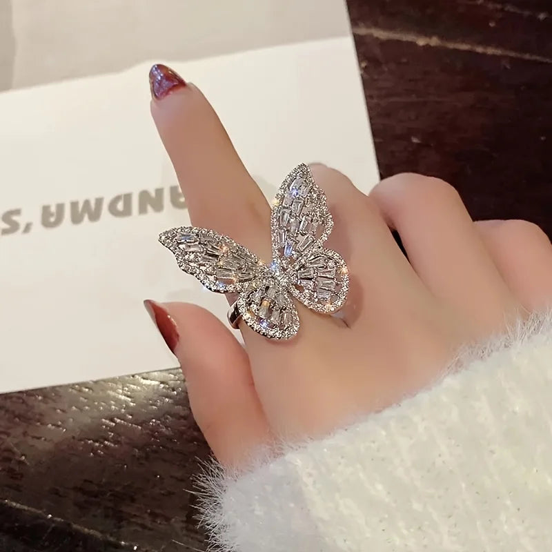 Butterfly Opening Ring Luxury Shiny Full Zircon Rings Women Fashion Engagement Bridal Wedding Finger Ring Female Jewelry