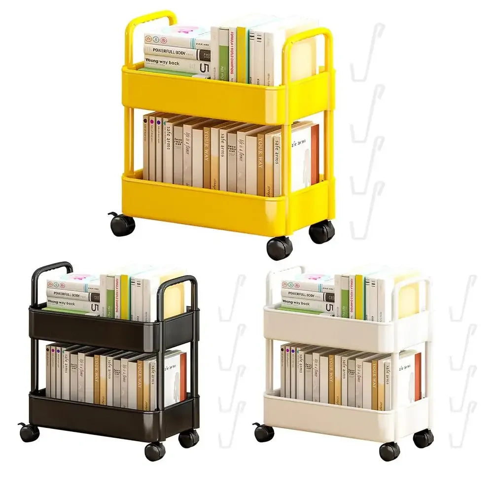 Under Table Storage Shelf with Wheel 2-Layer Movable Bookshelf Cart Household Sundries Storage Trolley Kitchen Bedroom Organizer