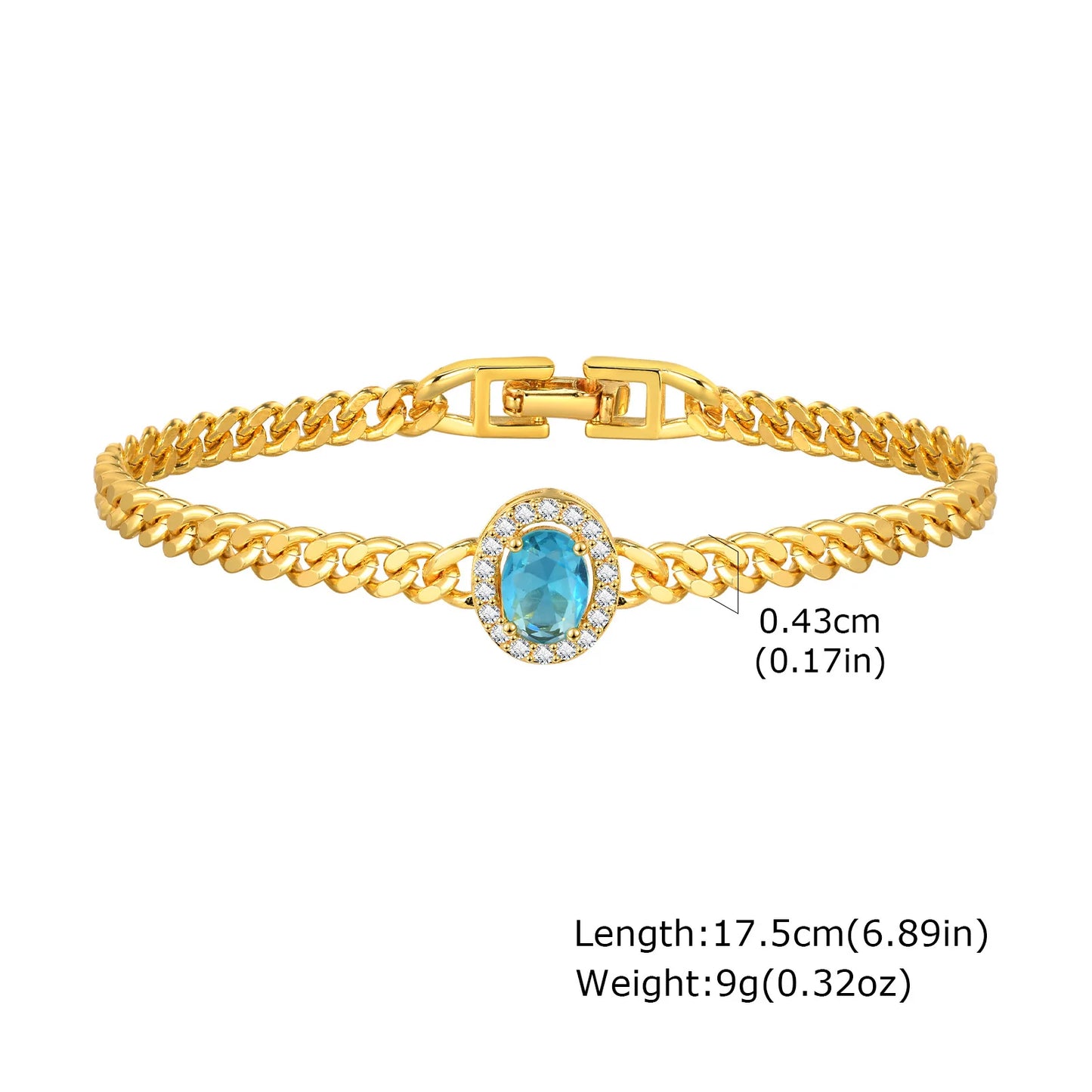 Bracelet for Women Gold Plated, Cuban Chain with Blue Cubic Zirconia Charms Wrist Jewelry for Her Gift