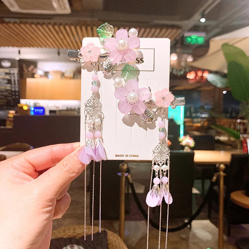 1pair Chinese Style flower Hairpin Cute Girl Candy Color Tassel Butterfly Hair Clip Retro Hanfu Barrettes Women's Hair Accessori