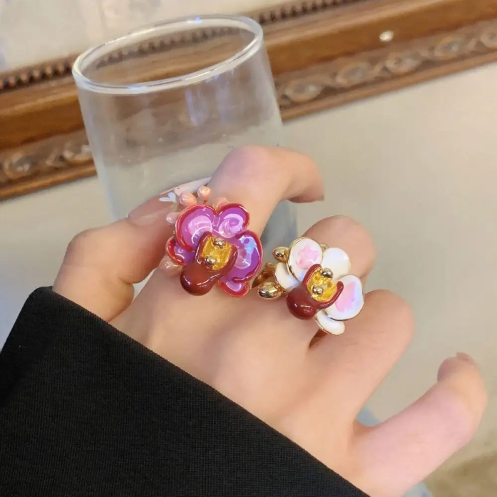 Sweet Drip Oil Flower Ring Butterfly Orchid Ins Style Enamel Finger Ring Trendy White Iris Flower French Irregular Ring Girls