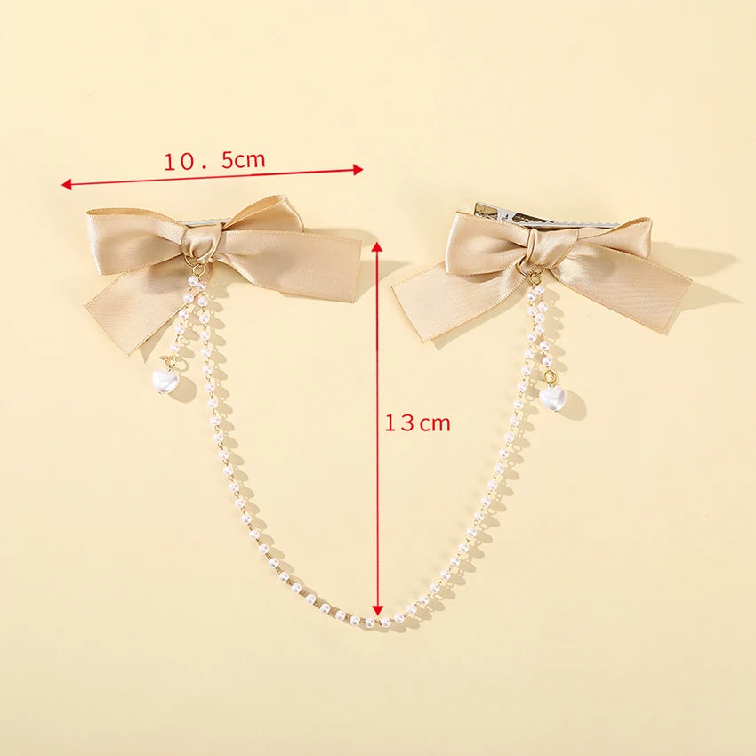 LEVAO Women's Sweet Double Bow Duckbill Clip Tiaras Pearl Chain Decorative Hairband Girls Fashion Hairpin Hair Accessories