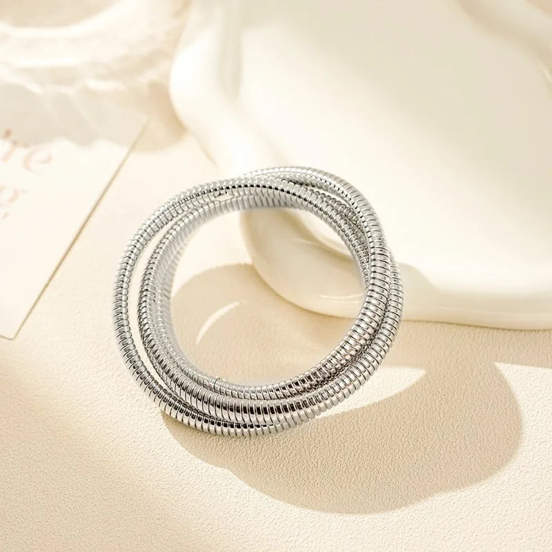 Fashionable Retro Exaggerated Three-layer Wide Edge Elastic Bracelet, Personalized Cool Style Bracelet, Hand Jewelry for Women