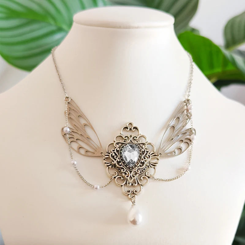 Witch Fairy Elves Butterfly Wings with Crystal Pendant Chain Necklace Forest Fairy Jewelry for women