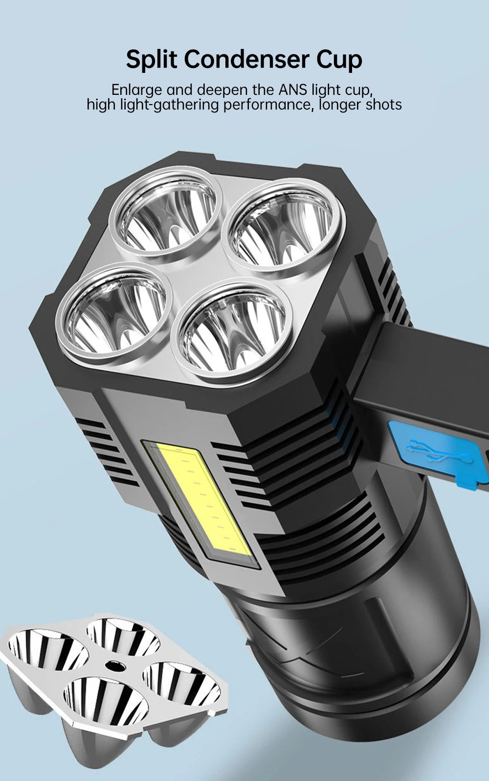 Powerful LED Flashlight Super Bright USB Rechargeable COB 4 LED Handheld Lantern Camping Portable Torch Light