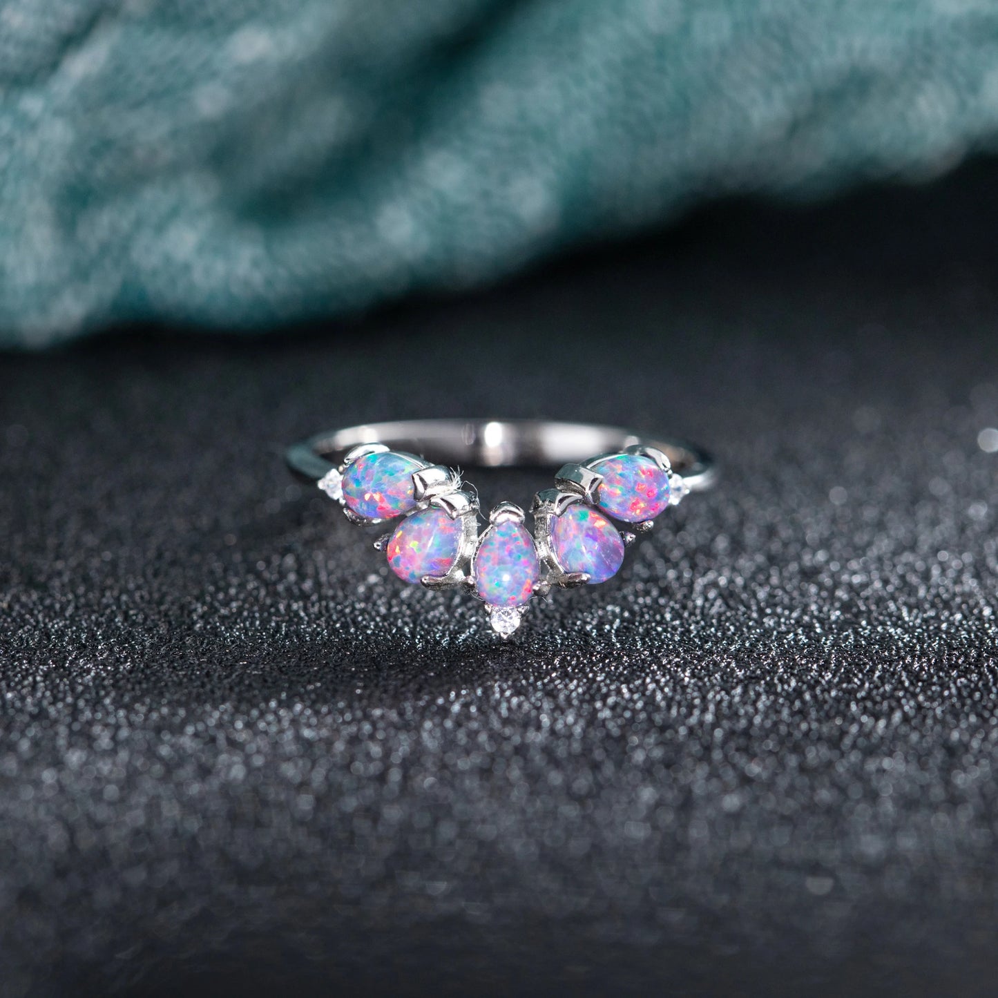 Curved Opal & Diamond Wedding Band with Natural Gemstone