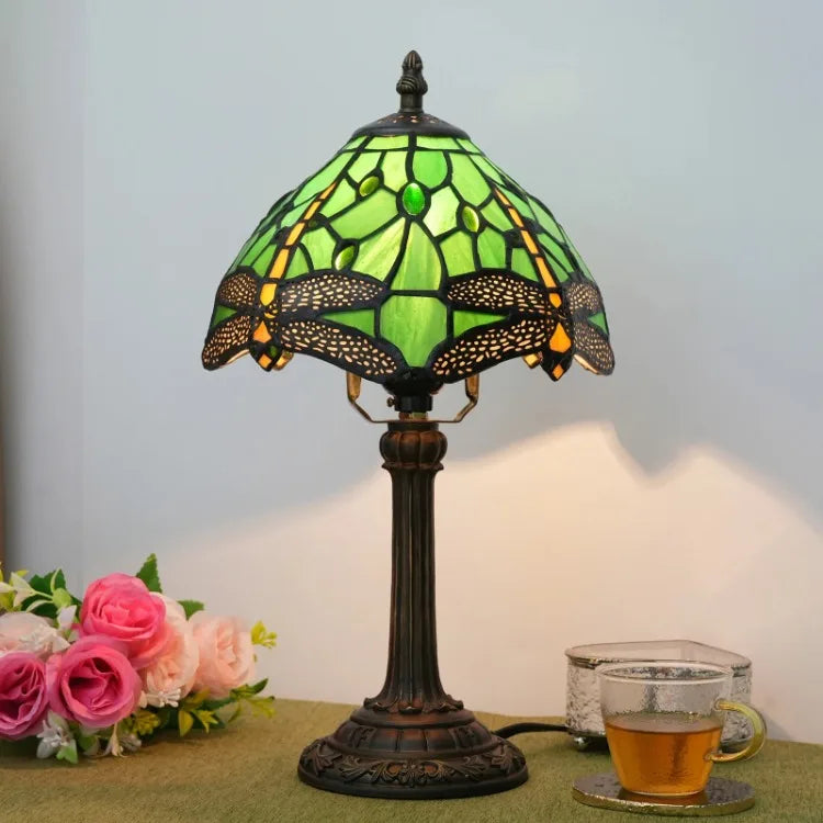 Stained Glass Table Lamp, Antique Green Tiffany Style Reading Light for Bedroom, Living Room and Office Decor Lampara Salon