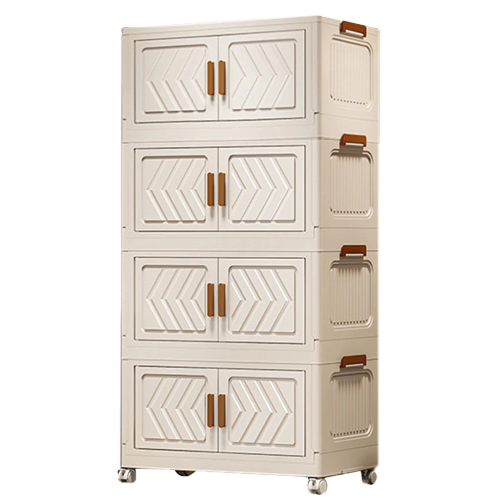 4 Tier Foldable Storage Bin With Doors & Wheels Folding Storage Selves Drawer PP+PET Stackable Organizer Box For Home Office