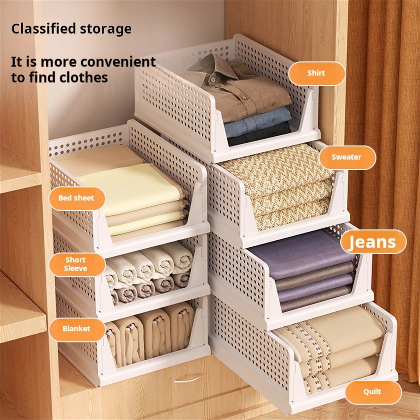 Clothes storage baskets can be stacked with drawer storage baskets, wardrobes, layered partitions, and pull-out folding storage