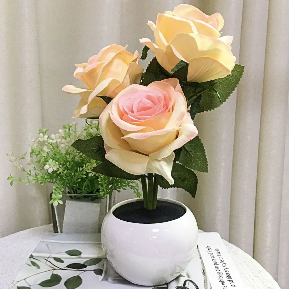Ceramic Base LED Rose Table Lamp 2/3 Flowers Decorative Flower Bonsai Night Light Soft Light Exquisite Romantic Atmosphere Lamp