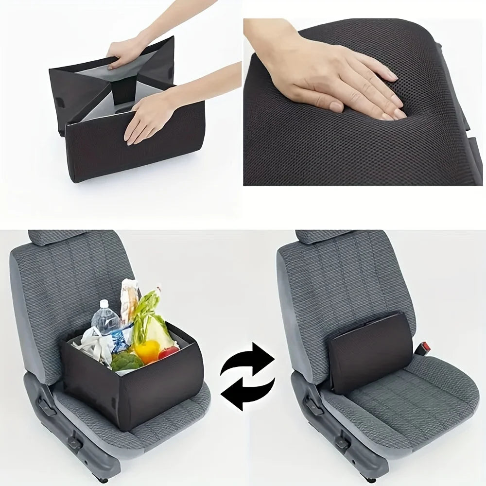 Car storage items with foldable design, combining storage and lumbar support functions