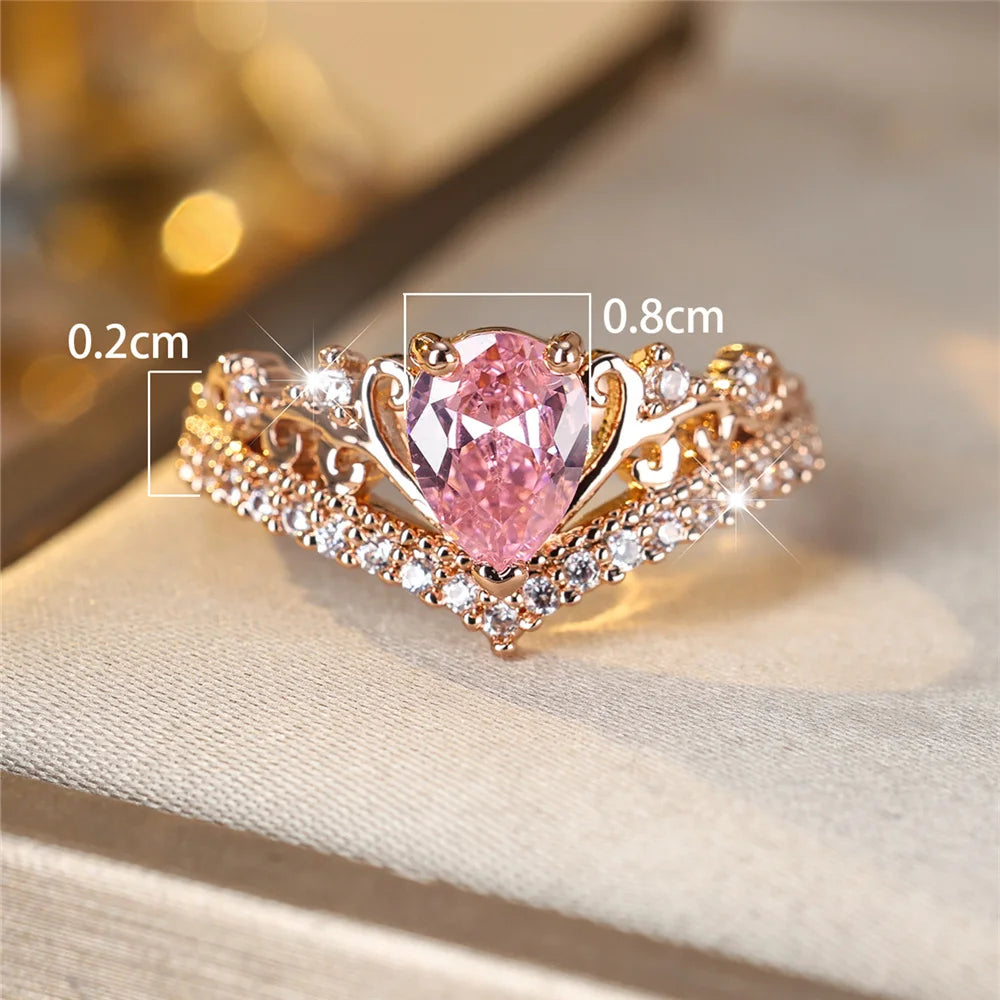 Luxury Female Pink Water Drop GemStone Ring Dainty