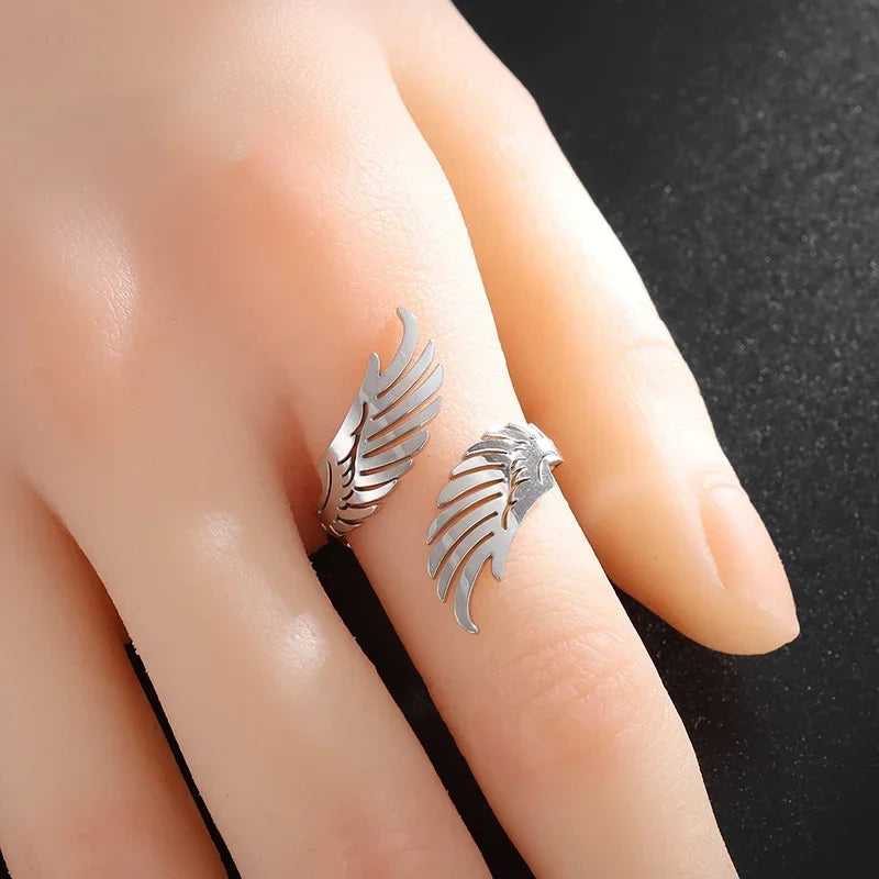 Stainless Steel Angel Wing Ring Open Adjustable Feather Ring for Men Women Couple Fashion Jewelry Anniversary Gift