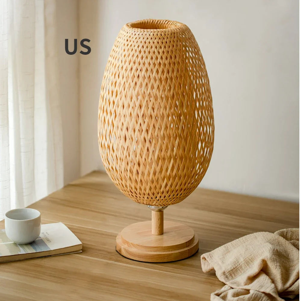 Dimmable Table Lamp, Rattan Bedside Lamp with Small Vintage Nightstand Light for Bedroom Living Room Desk Wooden Wicker Shade