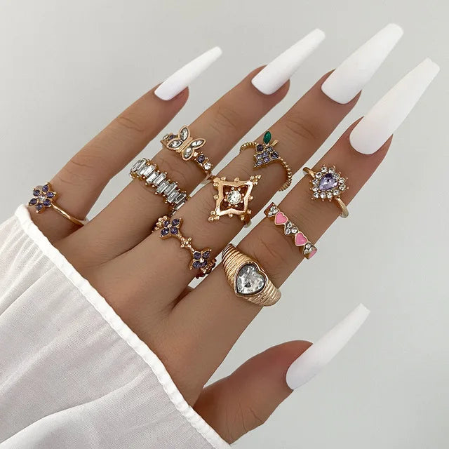 Pink Enamel Butterfly Ring Gold Finished Set For Women Crystal Enamel