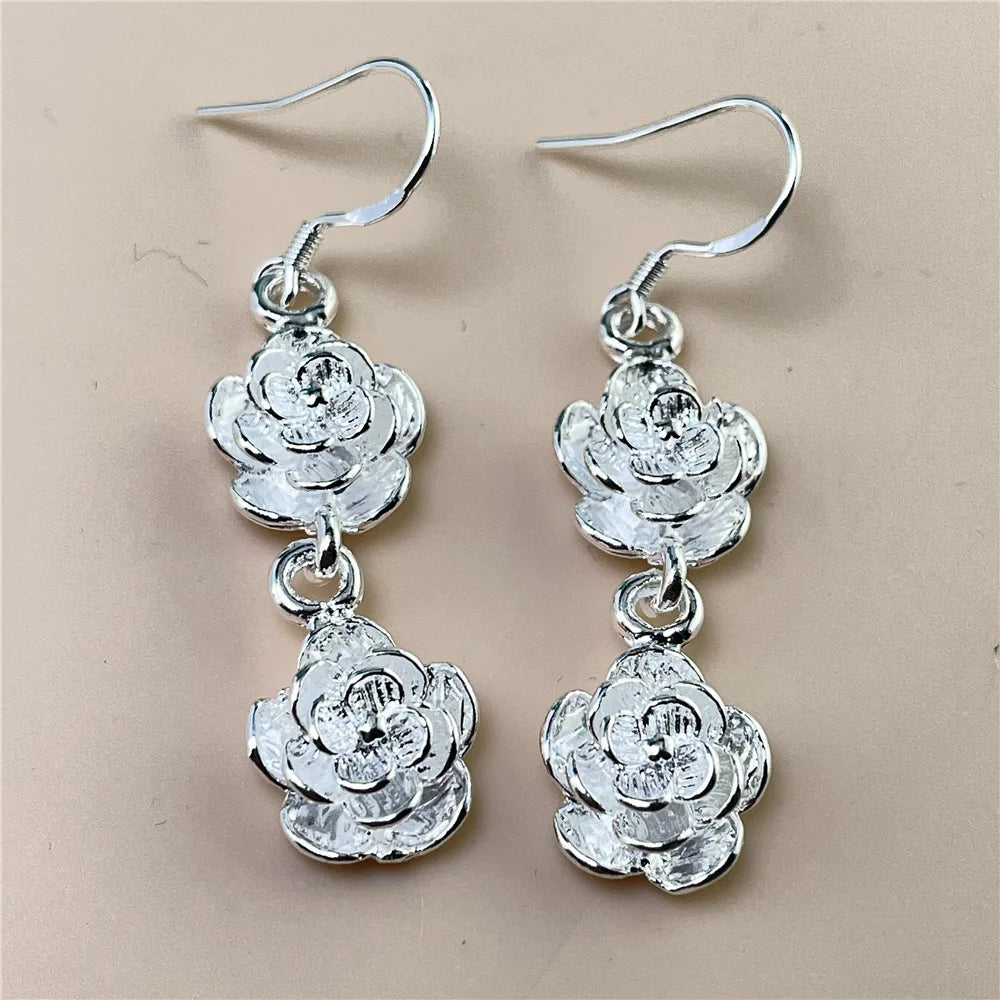 New luxury 925 sterling Silver unique Rose flower necklace earrings for woman Fashion niche designer Jewelry sets party gifts