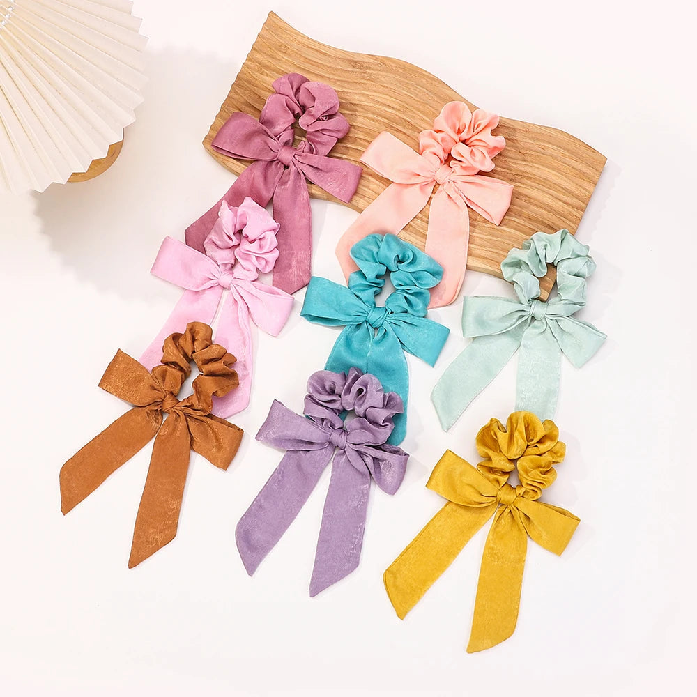 Fashion Vintage Solid Chiffon Velvet Bow Hair Ribbon Scrunchie for Women Girls Long Elastic Hair Tie Headwear Hair Accessories