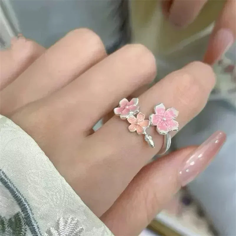 Flower Ring for Women with Niche Design Pink Peach Blossom Index Finger Ring Fresh Sweet Gradient Flower Opening Finger Ring