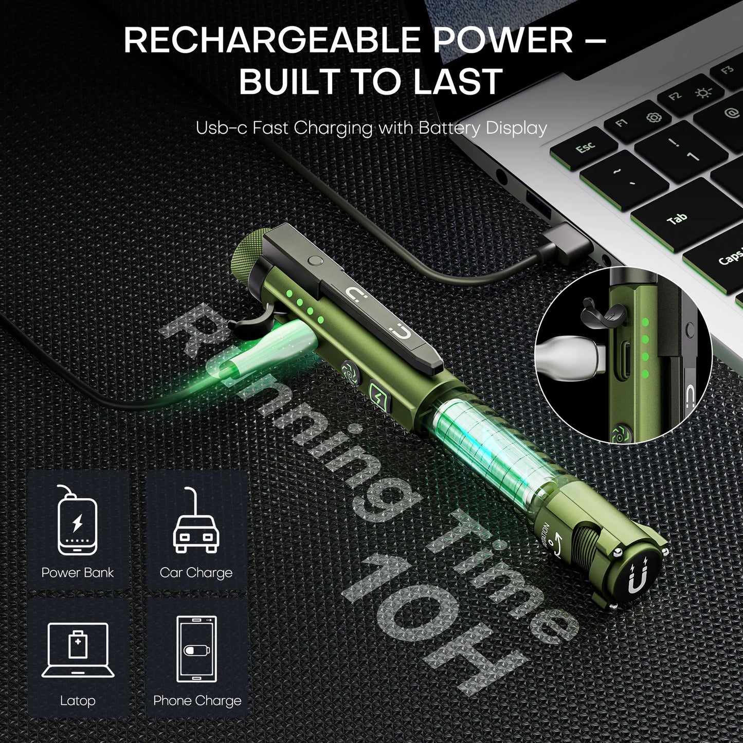 Magnetic LED Flashlight, 800 Lumen Rechargeable Flashlight, Laser Pointer, Hands-Free, USB Charging Cable, for Work and Outdoor