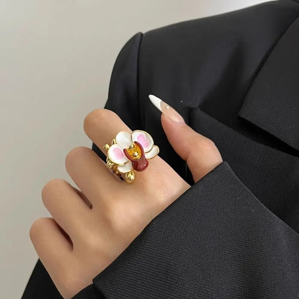 Sweet Drip Oil Flower Ring Butterfly Orchid White Iris Flower Enamel Finger Ring Ins Style Trendy French Irregular Ring Women