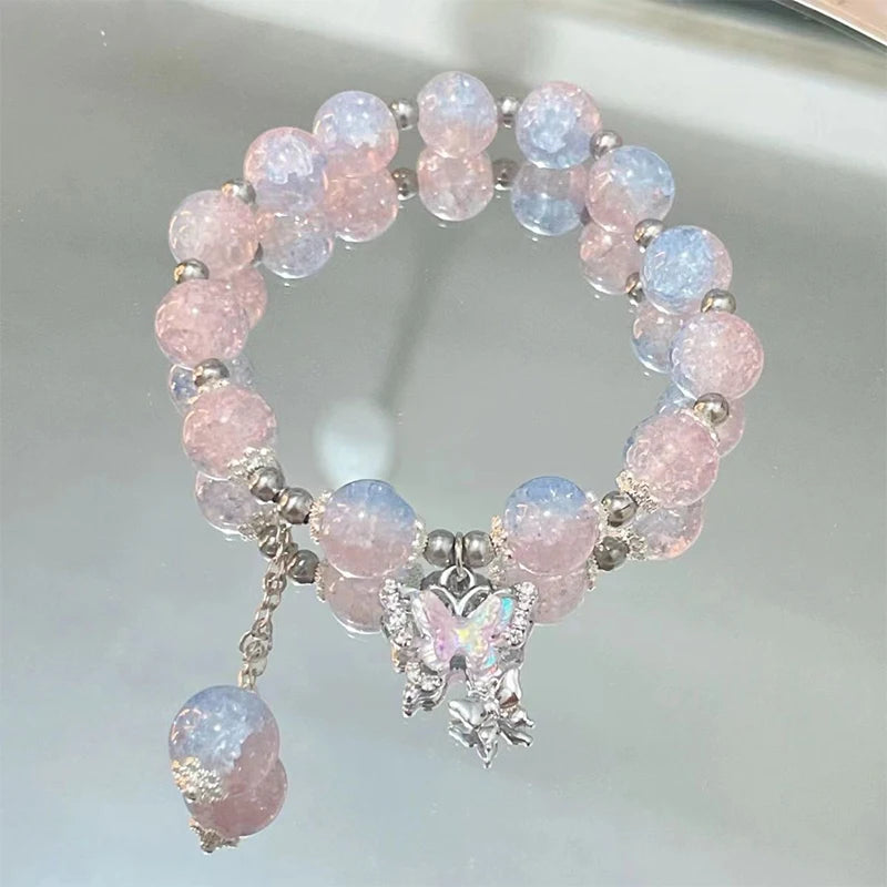 Fashion Butterfly Beaded Bracelets For Women Girls Imitation Jade Bohemian Crystal Charm Elastic Rope Bracelet Hand Jewelry