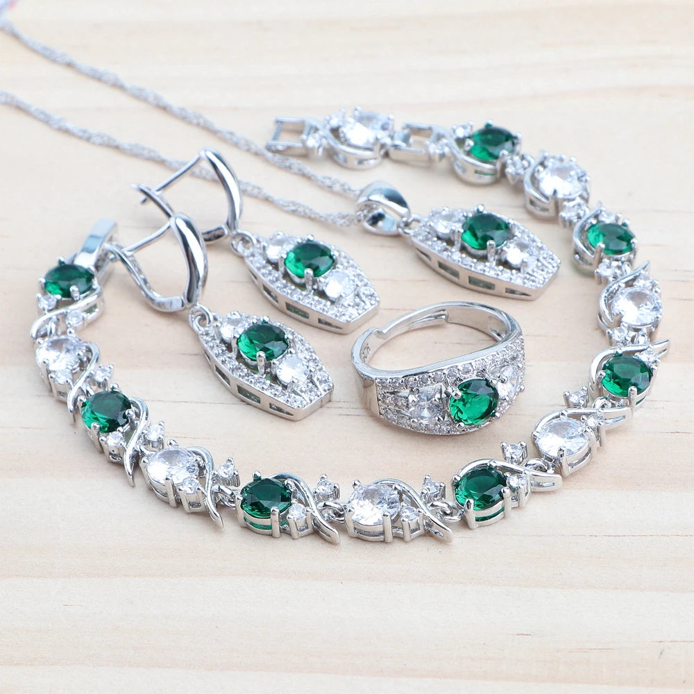 Bridal 925 Silver Jewelry Sets Magic Natural Rainbow Zircon Jewery Women Earrings Rings Pendant Bracelets Necklace Wedding Set