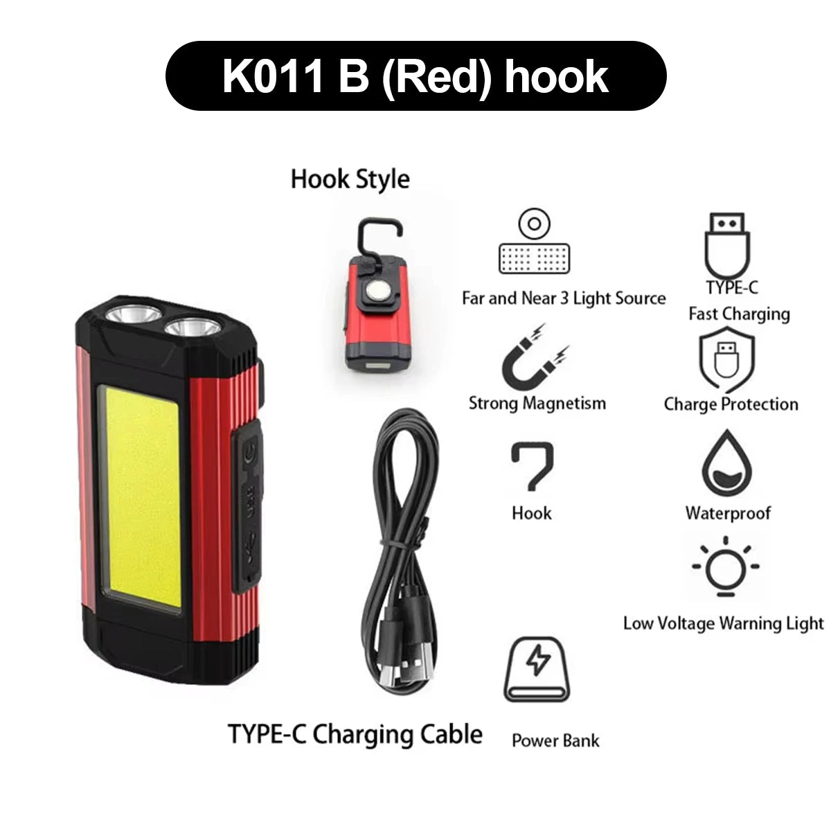 Led Work Light 10w Usbc Flashlight Red Magnetic Flashlights Waterproof Working Hook Rechargeable Foldable Cob Rotating Brightest
