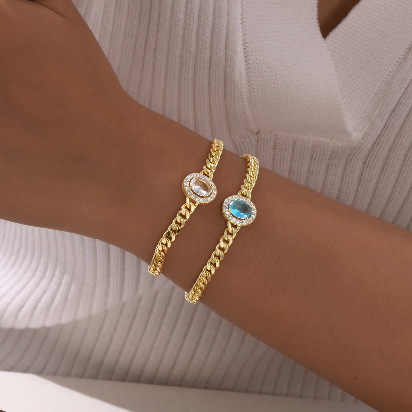 Bracelet for Women Gold Plated, Cuban Chain with Blue Cubic Zirconia Charms Wrist Jewelry for Her Gift