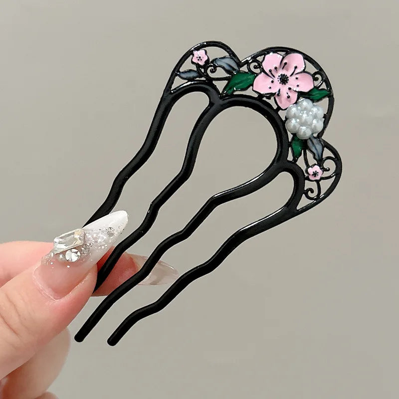 Flower Pattern U Shaped Hairpins Fashion Creative 4 Prong Hair Sticks Metal Hair Fork Hair Accessories