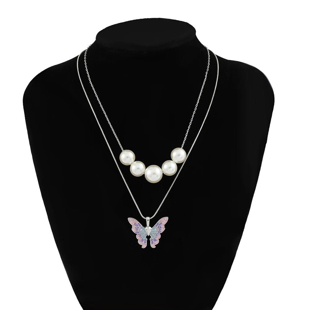 Fairytopia Mermaidia Enamel Butterfly Necklace For Women Thai Pop Imitation Pearl Necklace Multilayer Jewelry