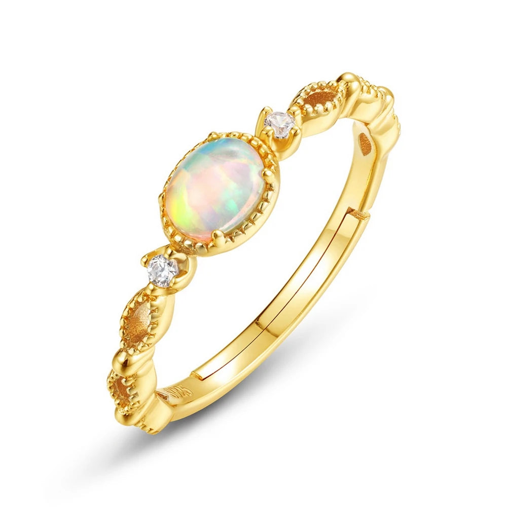 WES 925 Sterling Silver Vintage Oval Lab Opal Open Ring for Woman 10k Gold Plated Fine Jewelry Wholesale Engagement Gifts