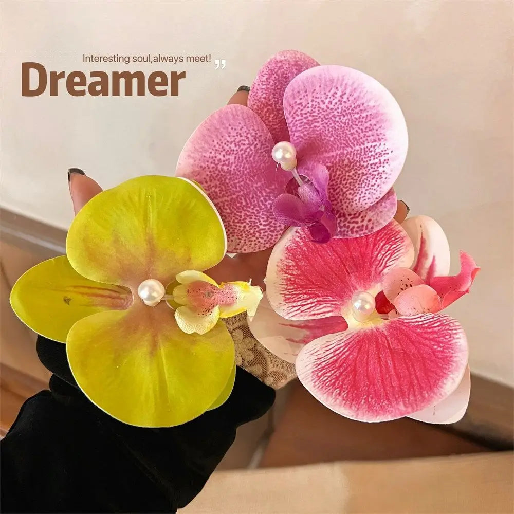 Simple Cloth Flower Hair Clip Butterfly Orchid Pearl Orchid Flower Hairpin Korean Style Bohemian Style Girl Hair Clip Seaside