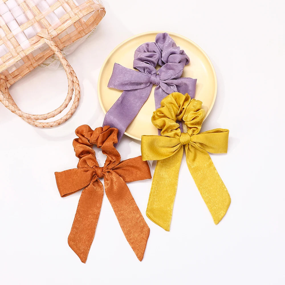 Fashion Vintage Solid Chiffon Velvet Bow Hair Ribbon Scrunchie for Women Girls Long Elastic Hair Tie Headwear Hair Accessories