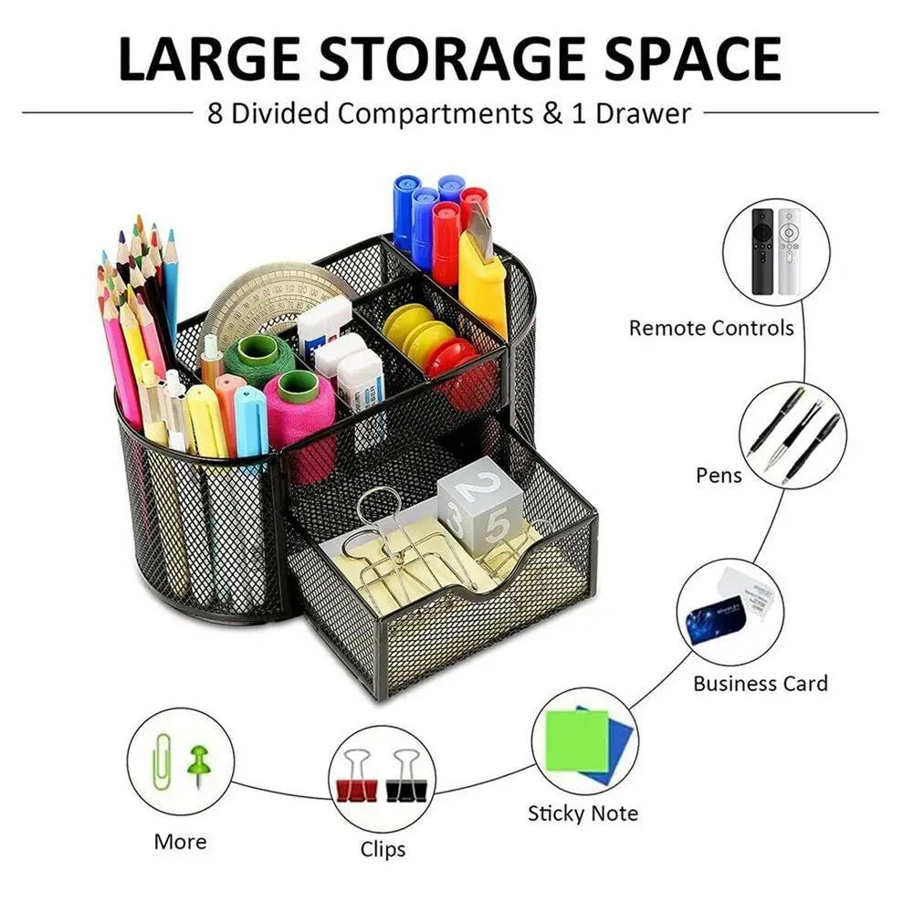 Office School Supplies With Drawer 9-Grid Storage Desk Organizer Stationery Container Metal Mesh Pen Holder