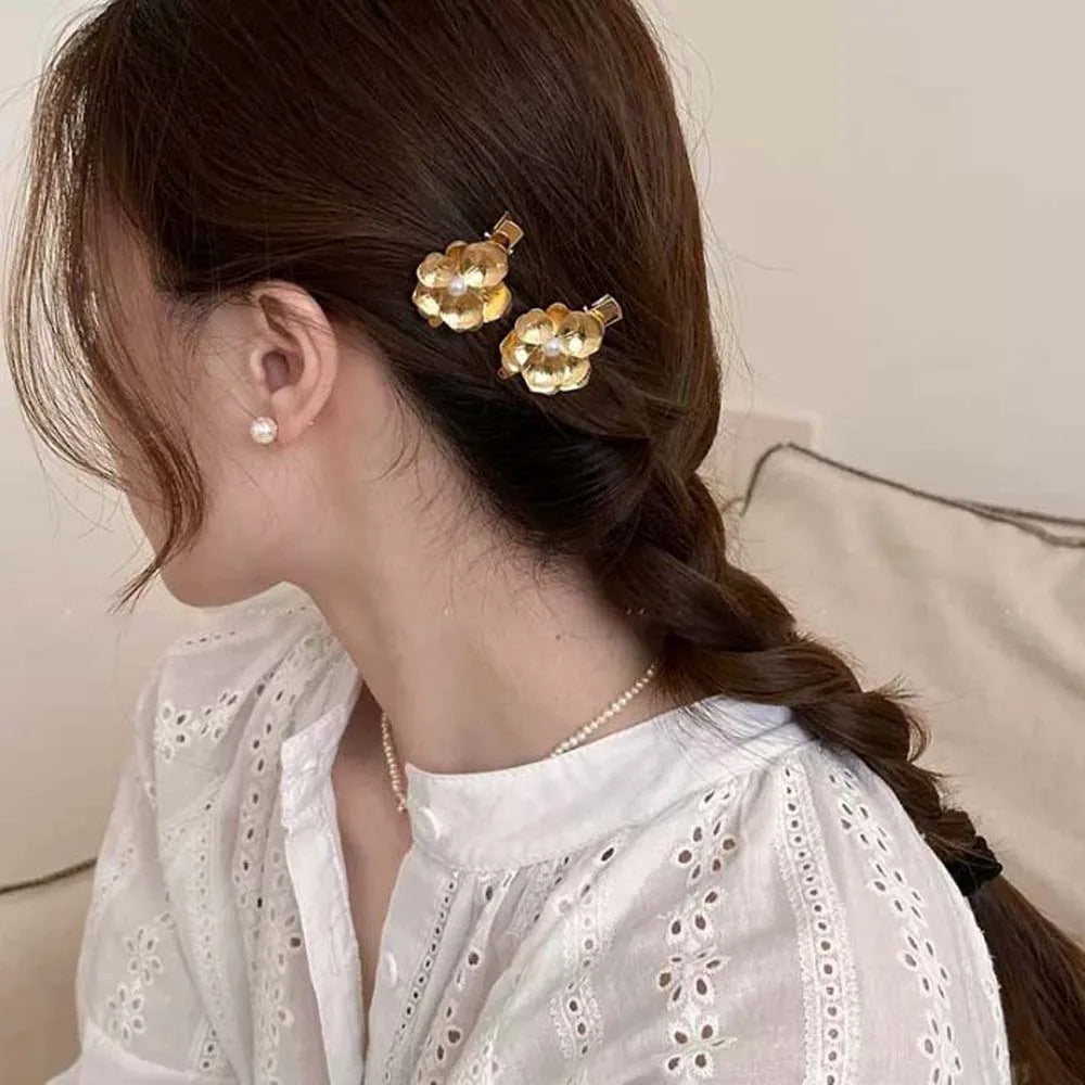5pcs Elegant Golden Flower Hair Forks Hairstyle Tools French Style Pearl Side Clips Hair Accessories Retro Wave Alloy Barrettes