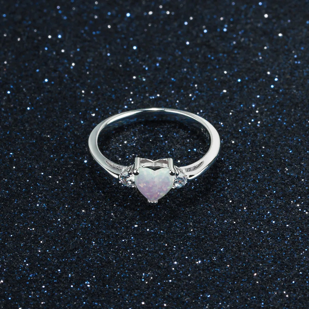 Trumium 100% 925 Sterling Silver Heart Shaped White Opal Engagement Promise Band Ring for Women Heart Halo Cubic Zirconia Ring