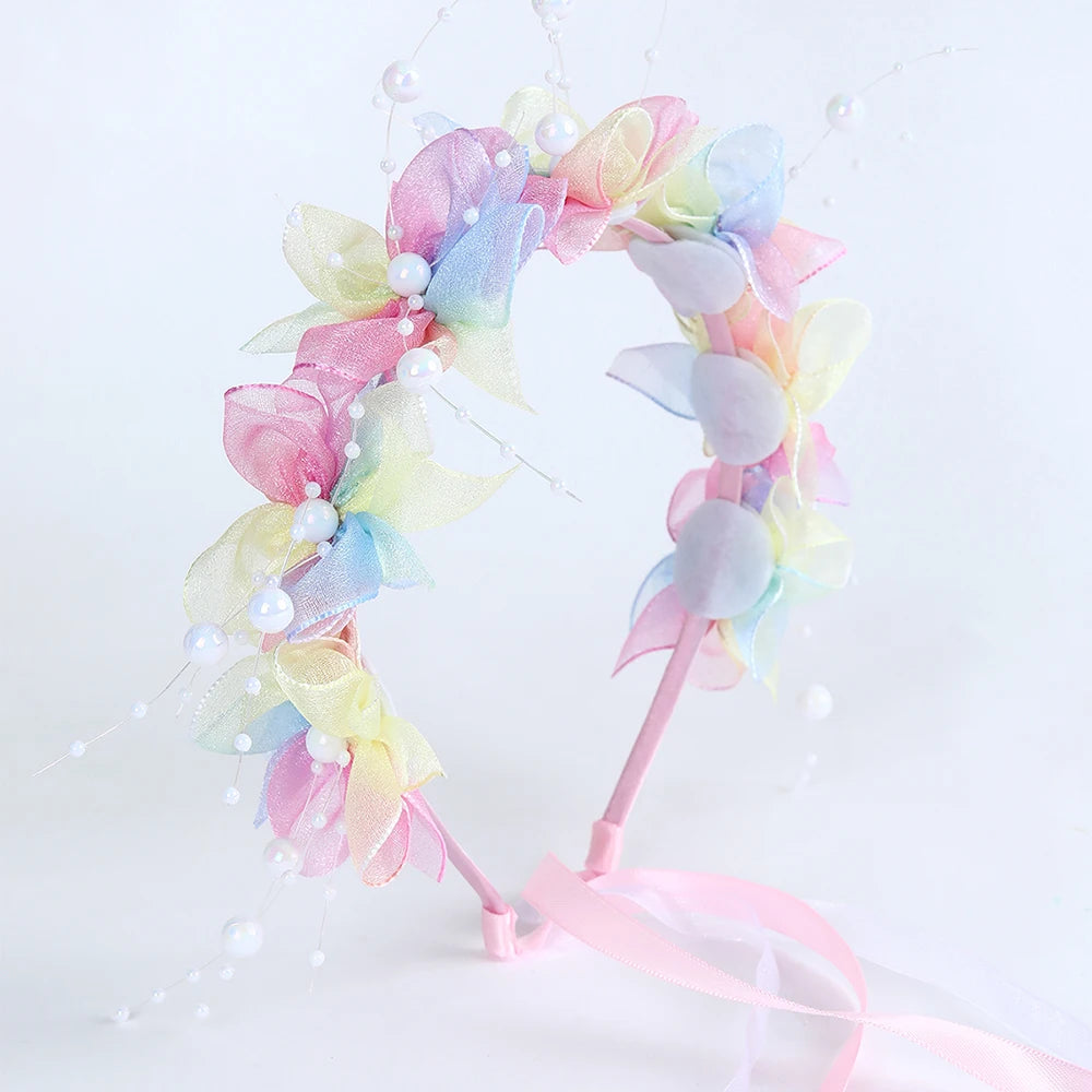 Fairy Flower Headband Sweet Lovely Girl Lace Floral Pearls Hair Hoop For Princess Wedding Birthday Headwear Accessories Gifts