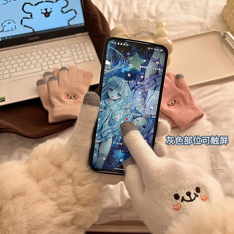 Women's Gloves Autumn Winter Cute Smile Gloves Five Fingers Solid Color Resistant Touch Screen Cotton Gloves Fashion Comfortable