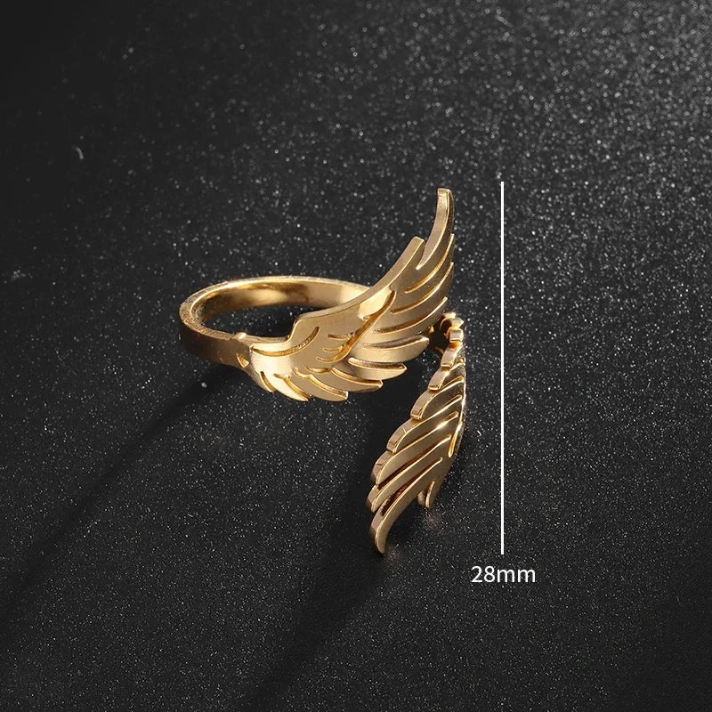 Stainless Steel Angel Wing Ring Open Adjustable Feather Ring for Men Women Couple Fashion Jewelry Anniversary Gift