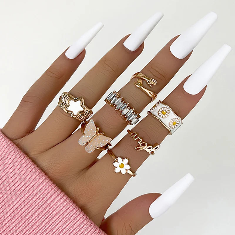 Pink Enamel Butterfly Ring Gold Finished Set For Women Crystal Enamel