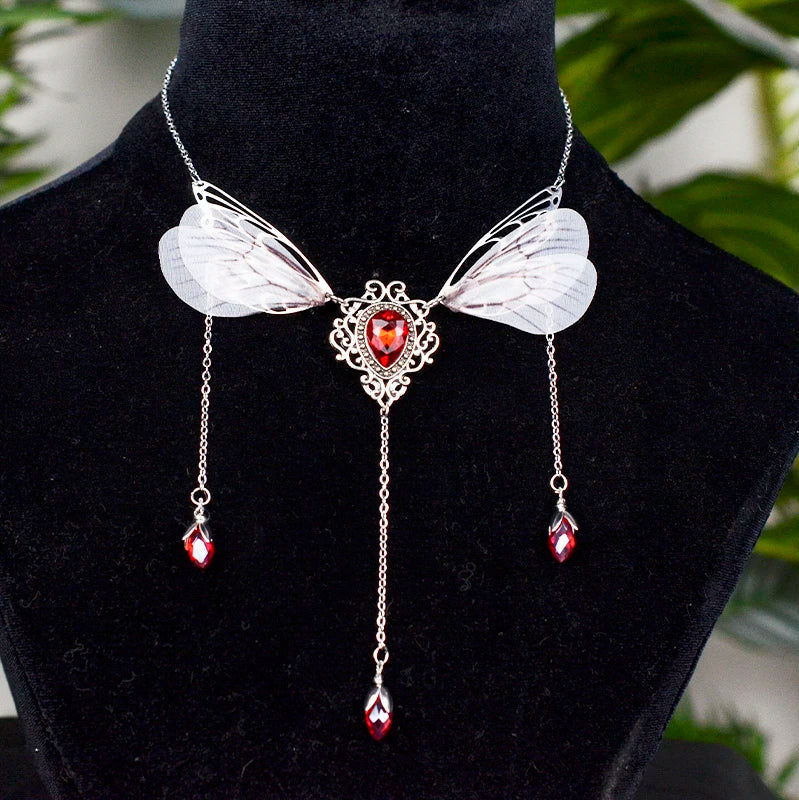 Witch Fairy Elves Butterfly Wings with Crystal Pendant Chain Necklace Forest Fairy Jewelry for women