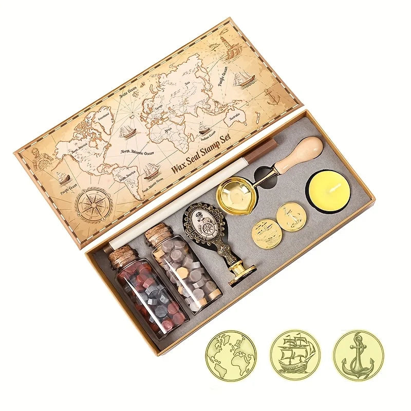 1 Set of Sealing Wax Stamp Kit, Includes Stamp Handle, Sealing Wax Beads, Wooden Handle Sealing Wax Spoon, Small Round Wax, Stamp Head, Suitable for Wedding Invitations, Envelopes, Birthday Gift Cards, Scrapbooks, Great Gift