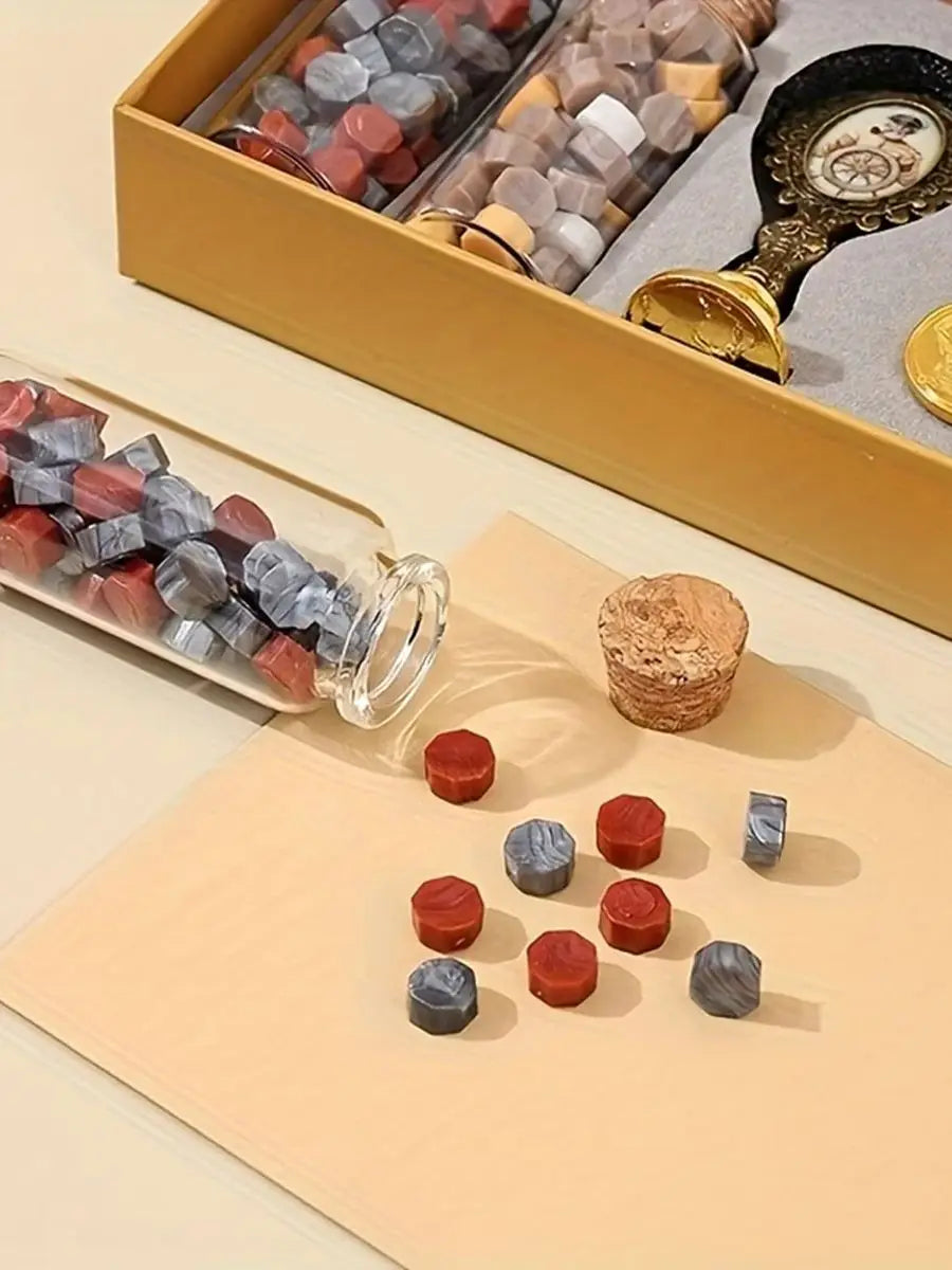1 Set of Sealing Wax Stamp Kit, Includes Stamp Handle, Sealing Wax Beads, Wooden Handle Sealing Wax Spoon, Small Round Wax, Stamp Head, Suitable for Wedding Invitations, Envelopes, Birthday Gift Cards, Scrapbooks, Great Gift