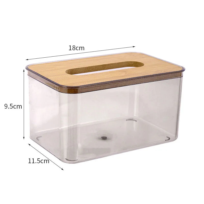 Wooden top tissue box, transparent grey PET base - multi-sized tabletop storage box for living room, smooth sliding opening