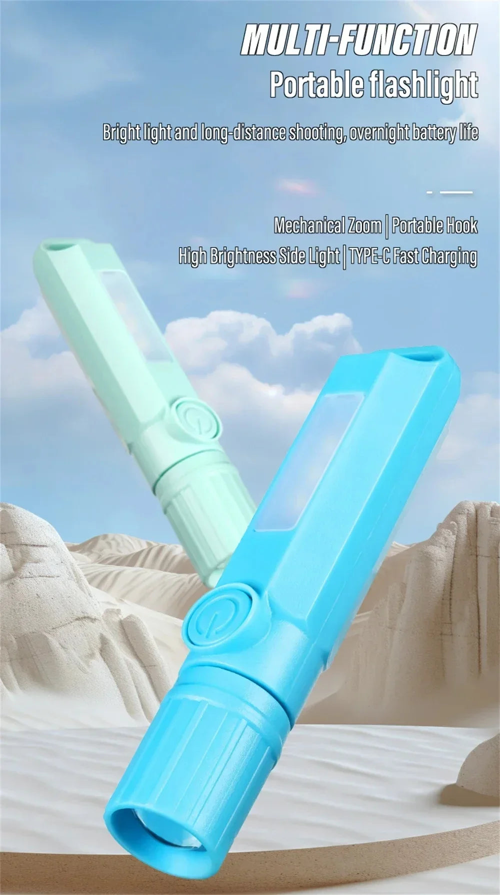 Super Bright LED Mini Flashlight With Side Light Torch USB Portable Telescopic Zoom Work Light Waterproof Outdoor Camping Light